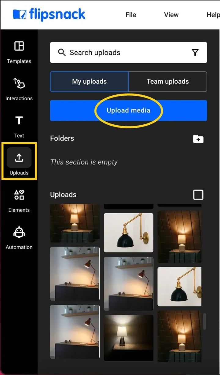 The Uploads panel with the My uploads and Team uploads tabs and the Upload media button