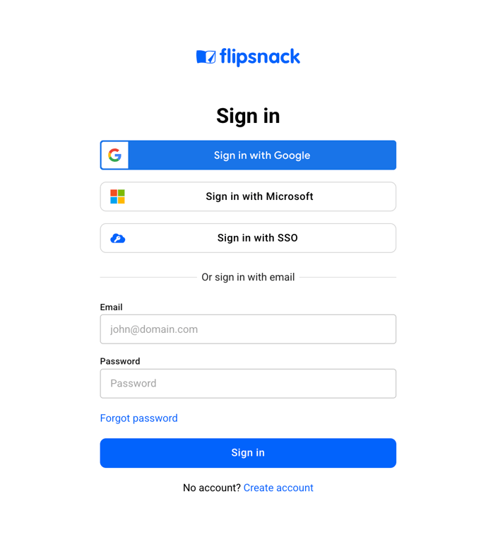 Sign up interface in Flipsnack