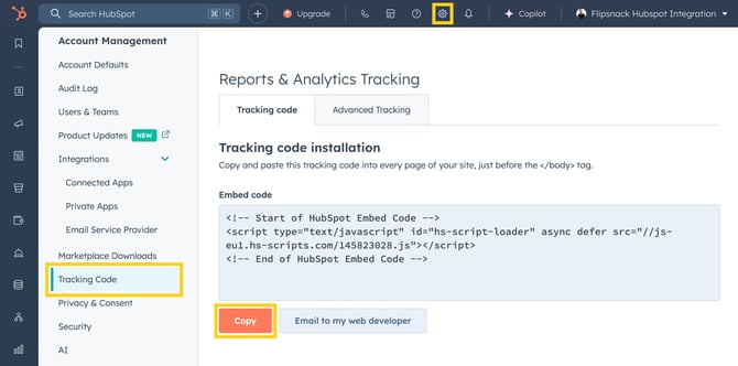 Copying the tracking code from HubSpot tracking settings