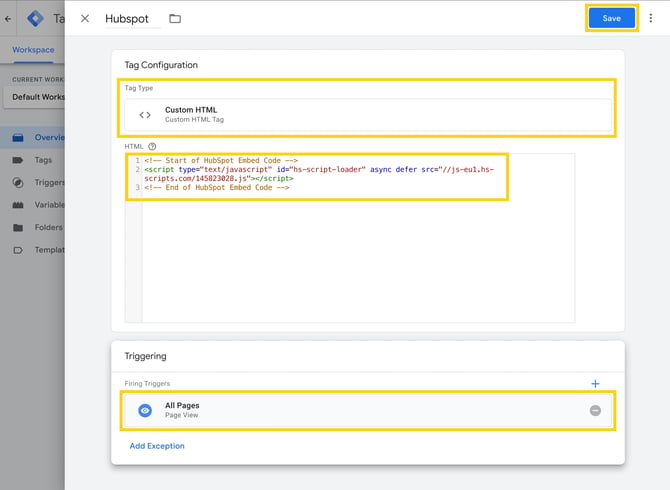 Configuring a Custom HTML tag with the All Pages trigger in Google Tag Manager