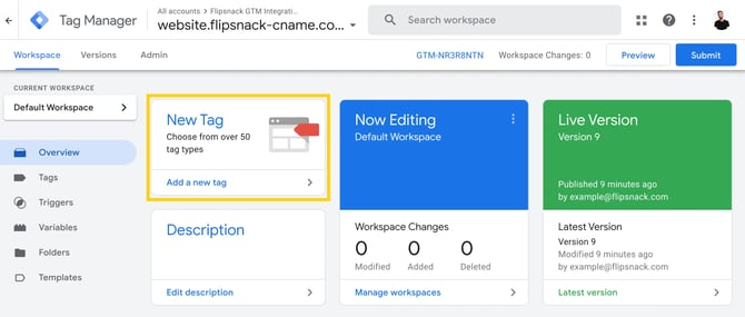 The New Tag option in the Google Tag Manager workspace overview