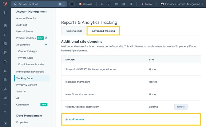 Advanced Tracking settings in HubSpot