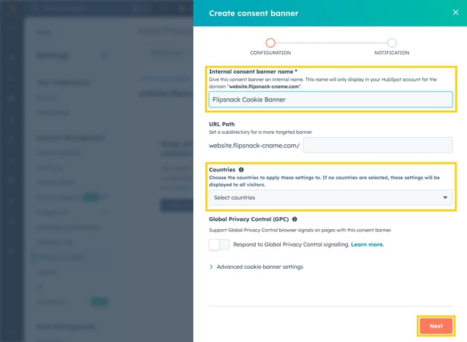 Create cookie banner