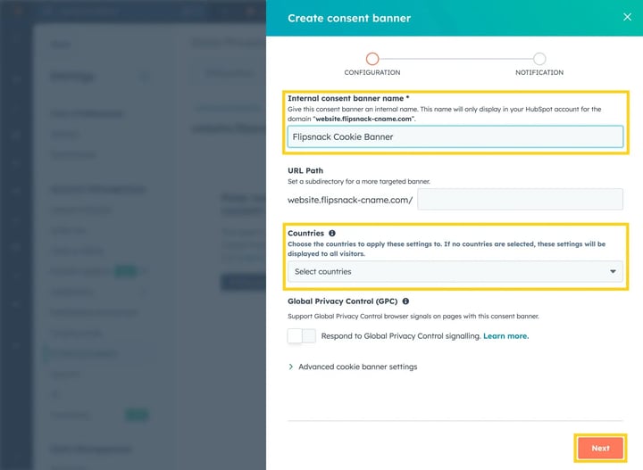 Create cookie banner