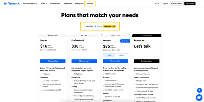 All available pricing plans: starter, professional, business and enterprise