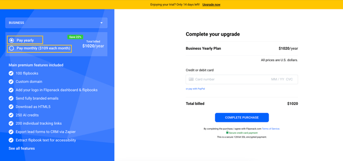 For every upgrade, on the left side of the checkout page, you can choose the plan and the cycle: monthly or yearly. 