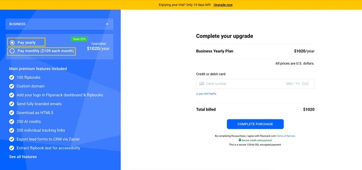For every upgrade, on the left side of the checkout page, you can choose the plan and the cycle: monthly or yearly. 