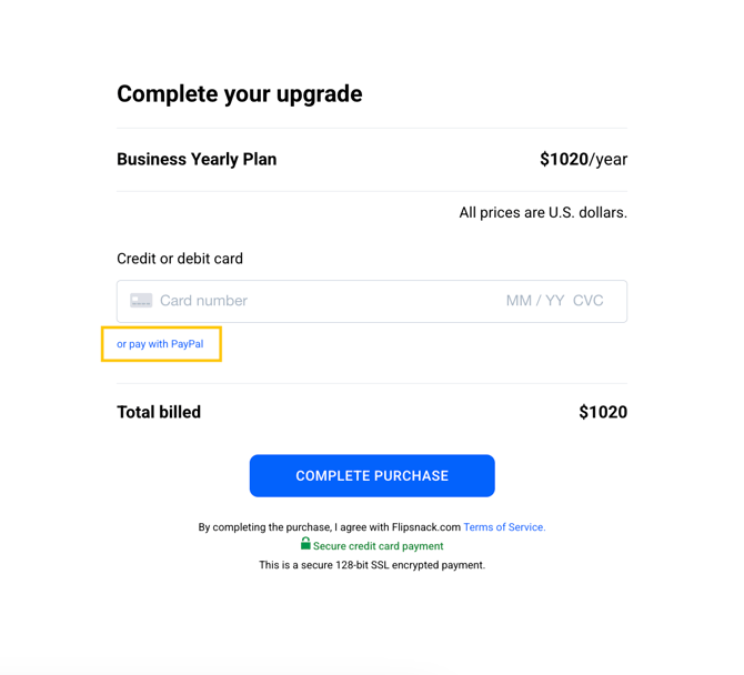 Upgrade checkout page showing payment options including credit card and PayPal.
