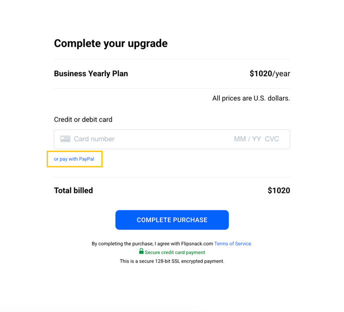 Upgrade checkout page showing Business Yearly Plan for $1020/year, payment options including credit card input and PayPal, total billing amount, and secure payment information. 