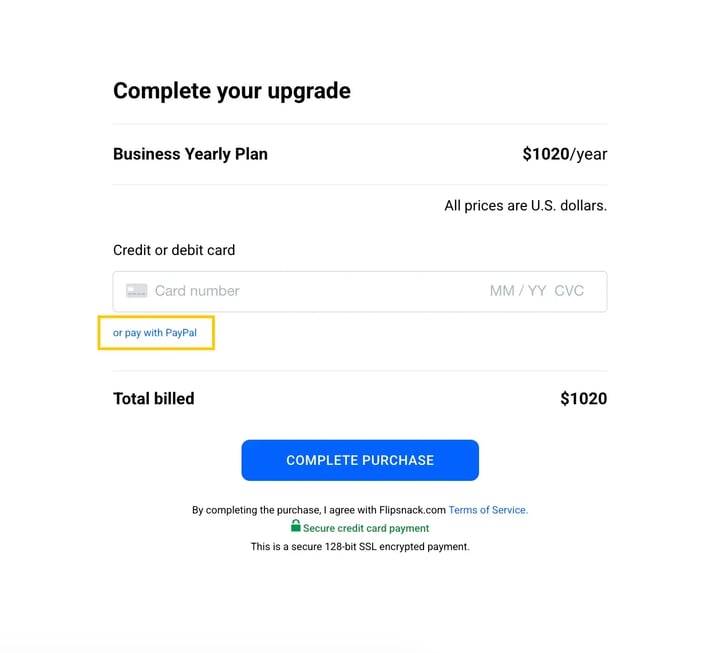 Upgrade checkout page showing payment options including credit card and PayPal.