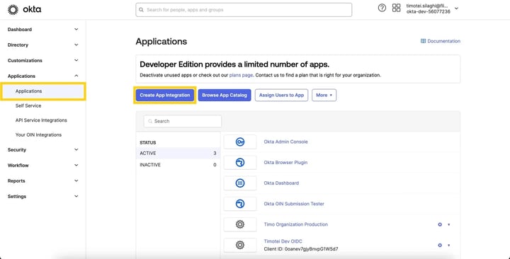Okta, create app integration
