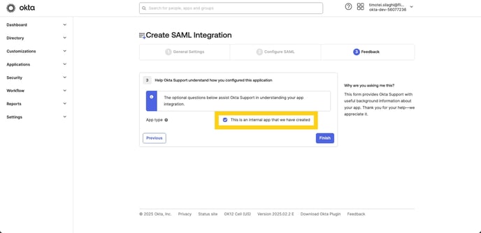 Create SAML Integration - Internal App