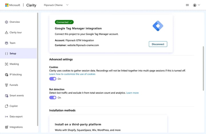 Google tag Manager successfully connected to Clarity.
