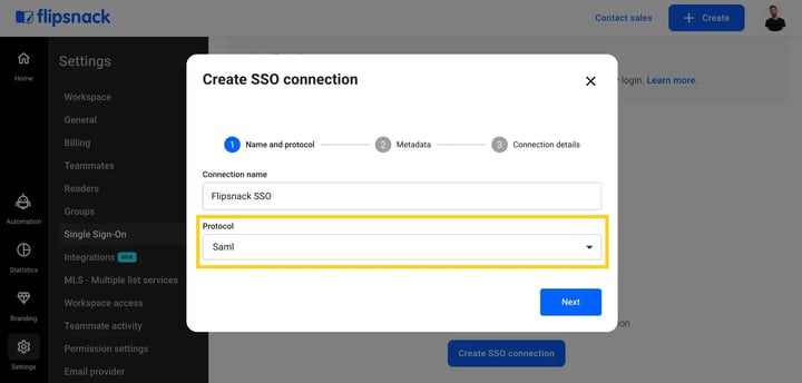 Flipsnack SAML connection for SSO