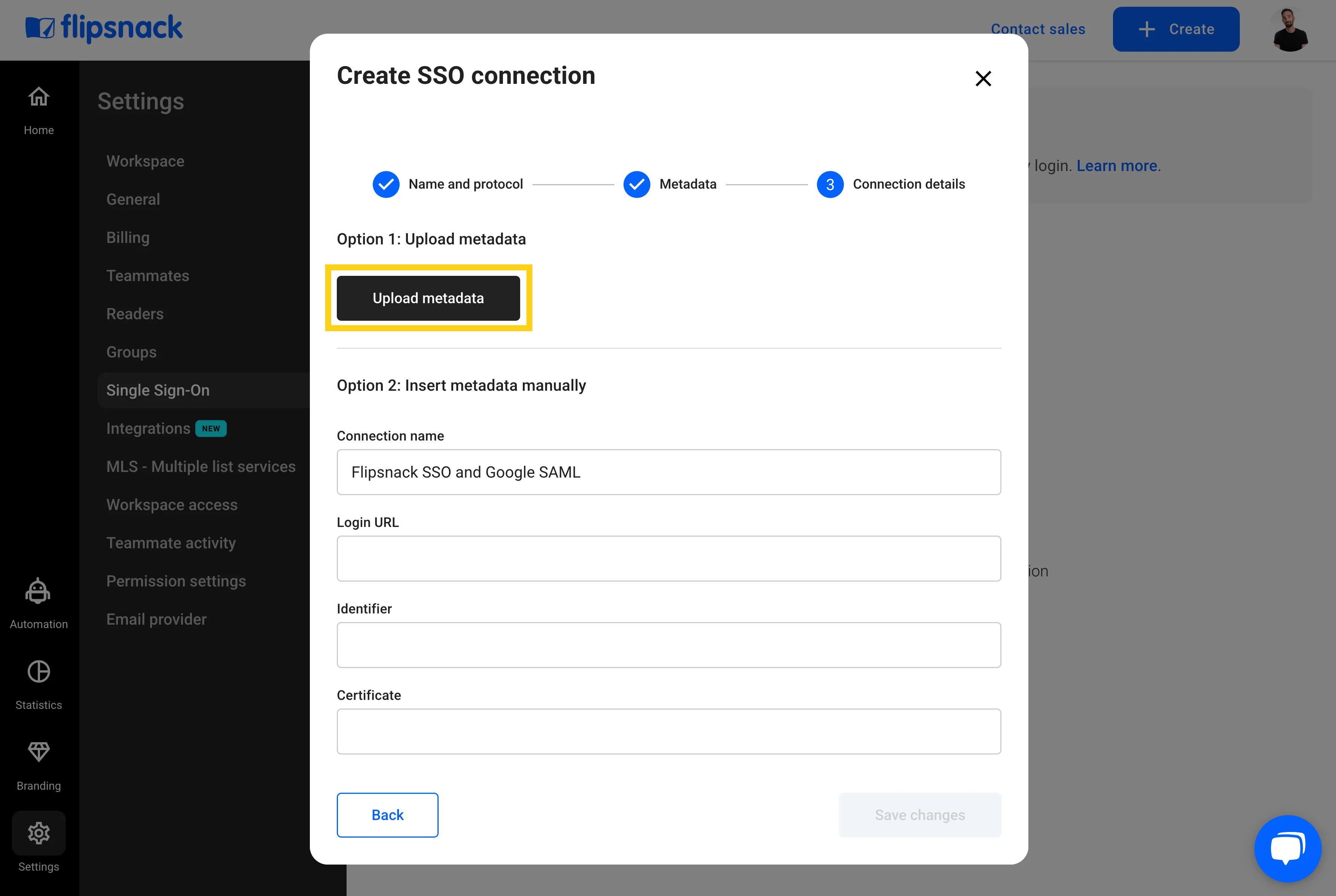 Flipsnack SSO upload metadata 