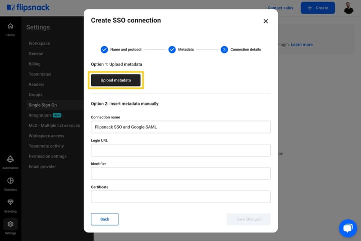 Flipsnack SSO upload metadata 