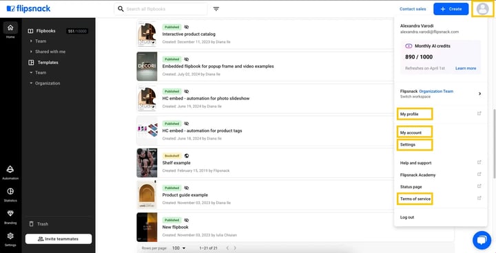 Account options in Flipsnack