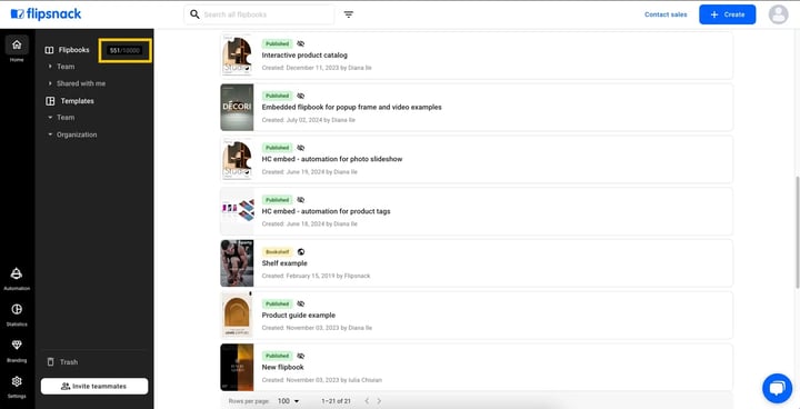Flipbooks section, see and organize the flipbooks you own