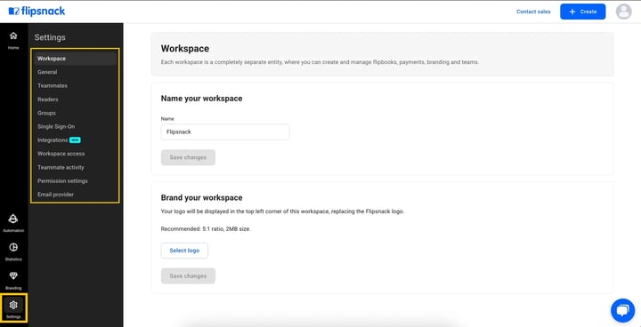 Settings section in Flipsnack