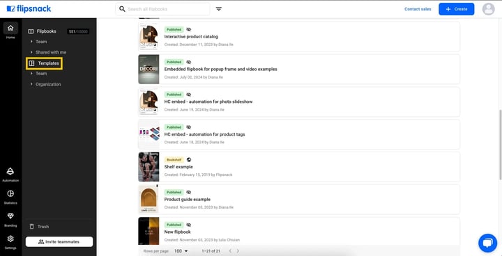 Templates section in Flipsnack