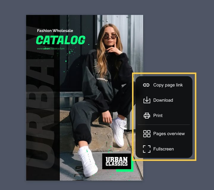 Screenshot of the context menu in a flipbook, showing options like Copy page link, Download, Print, Pages overview, and Fullscreen.