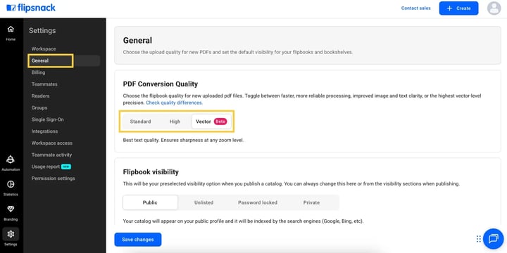 In Settings, click on General and locate the section labeled PDF Conversion Quality