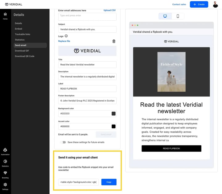 The Send email page with the Send it using your email client panel and its Copy button highlighted