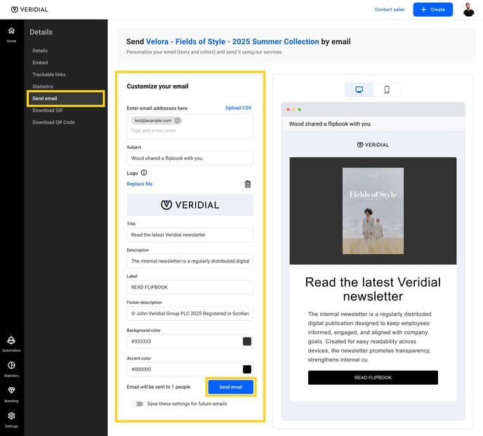 Flipsnack send and customize / brand email page