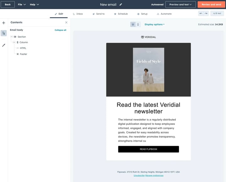 The HubSpot email editor with an HTML module in the email body, previewing the flipbook cover and its button