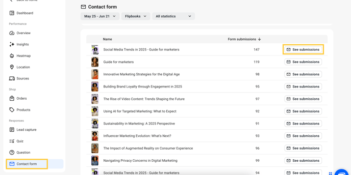 contact form in flipsnack analytics