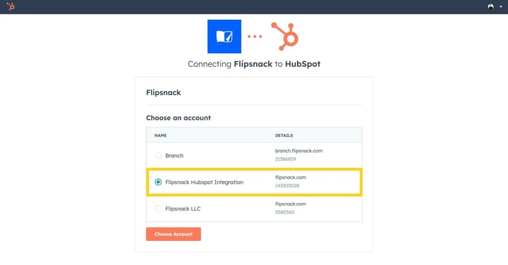 HubSpot Choose an account page with one HubSpot account selected and the Choose Account button