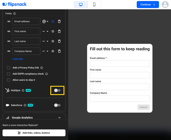 Connect Hubspot in Flipsnack