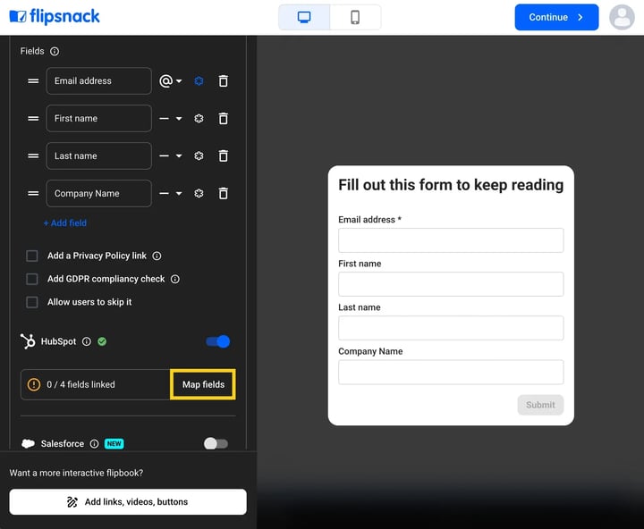 Lead form panel in the earlier design, with HubSpot turned on, 0 / 4 fields linked and the Map fields button highlighted