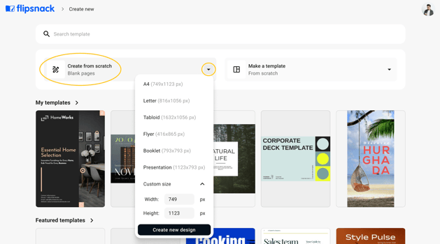 Dropdown showing preset sizes and custom dimensions when choosing “Create from scratch” in Flipsnack.
