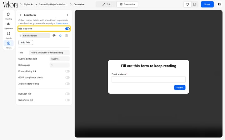 Customize, Add-ons, Lead form panel with Use lead form turned on, the Email address field, and the form preview