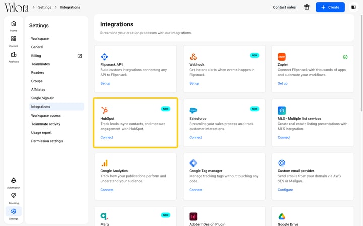 Settings, Integrations page with HubSpot and its Connect link highlighted