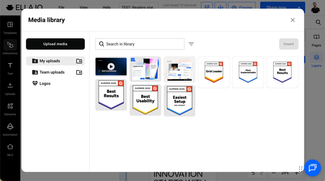 Media Library modal showing uploaded images and videos inside Design Studio.