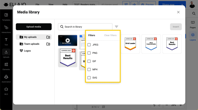 Search field and file type filter inside the Media Library modal.
