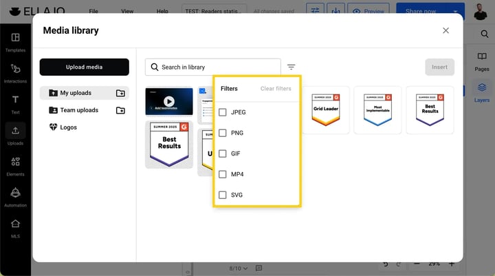 Search field and file type filter inside the Media Library modal.