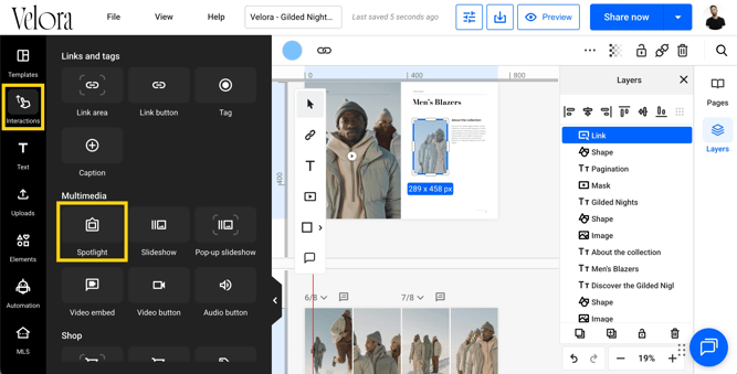 Image on the Design Studio canvas with a blue Spotlight overlay indicating a clickable area.