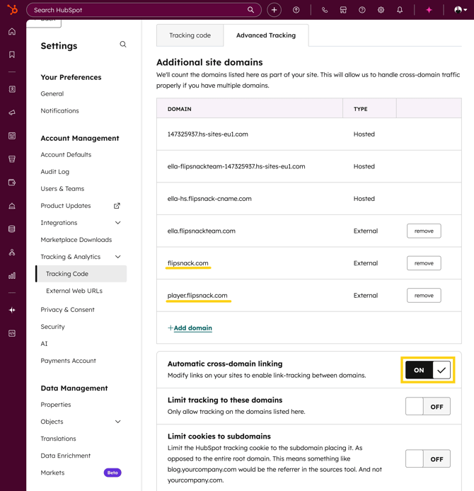 Tracking settings for the hubspot integration