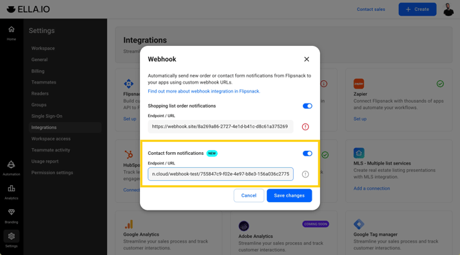 Endpoint URL field under “Contact form notifications” with valid URL entered