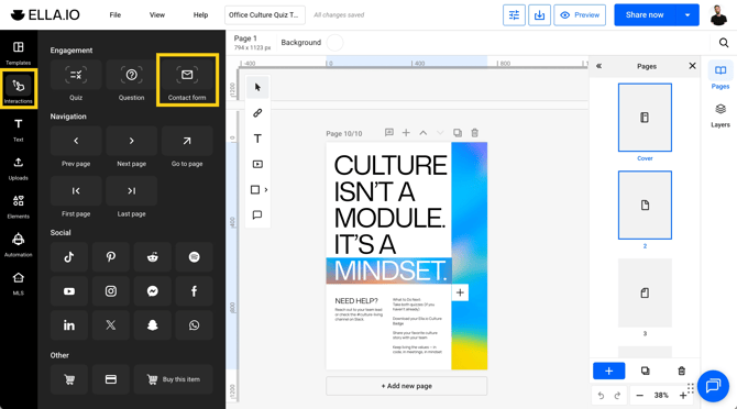 Interactions panel → Contact form tile + canvas with Contact form selected in Layers