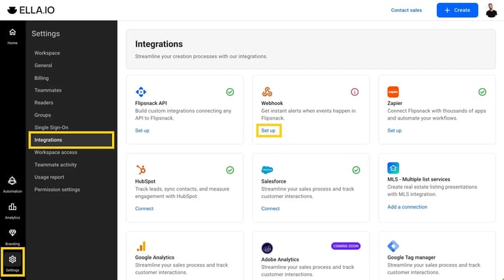 Integrations page in Settings