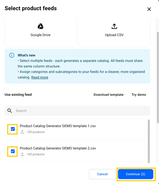 Select feeds for bulk upload-mh
