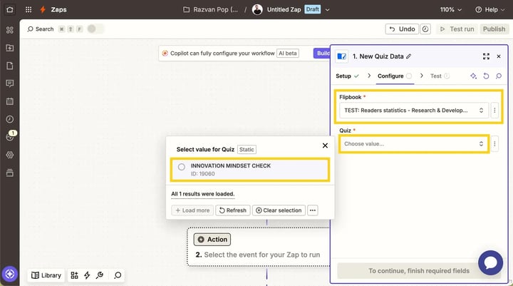 Selecting flipbook and trigger element in Zapier