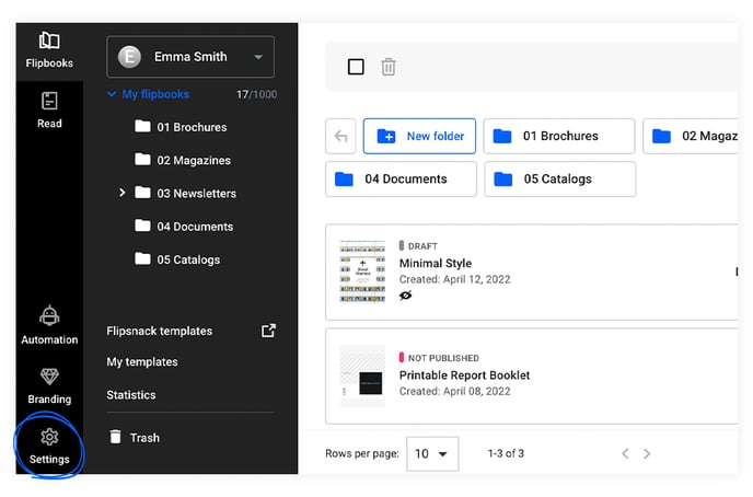 Settings page of Flipsnack account presented in Design Studio