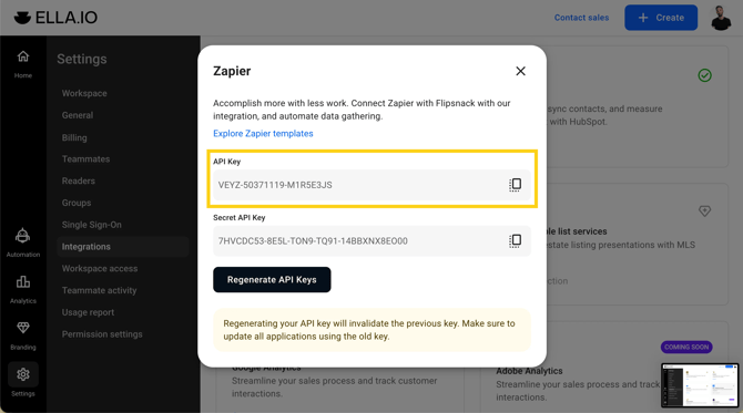 Step 1 Connect Flipsnack to Zapier using the API key - Flipsnack