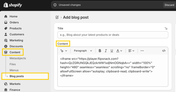 Step 3_ In Shopify add the code in the content section-mh