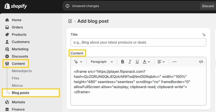 Step 3_ In Shopify add the code in the content section-mh